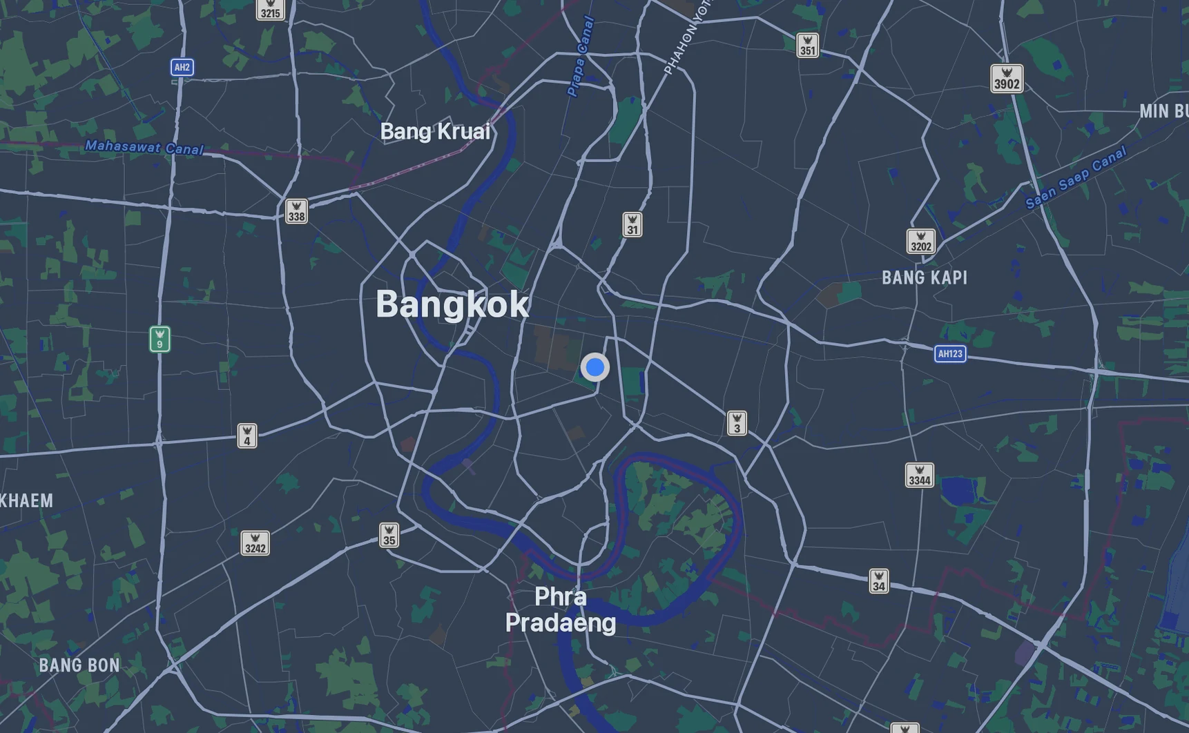 Map of Bangkok with blue location dot
